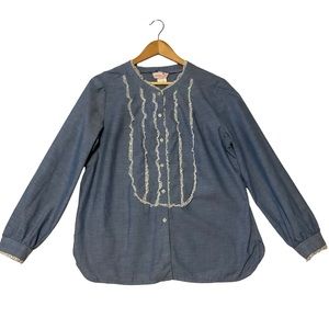 VINTAGE Peggy Sue sz Large? Blouse Yoked Lace Button Down USA 🇺🇸 70s Blue
